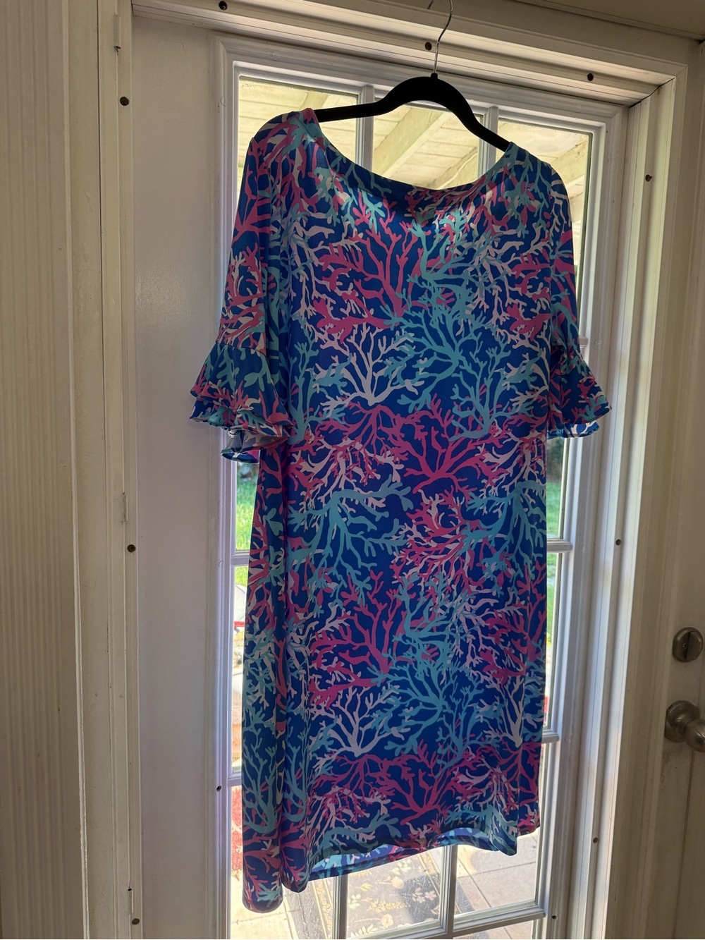 Pappagallo Women’s Blue & Pink Coral-Print Dress Ruffled Accent Sleeves, XL